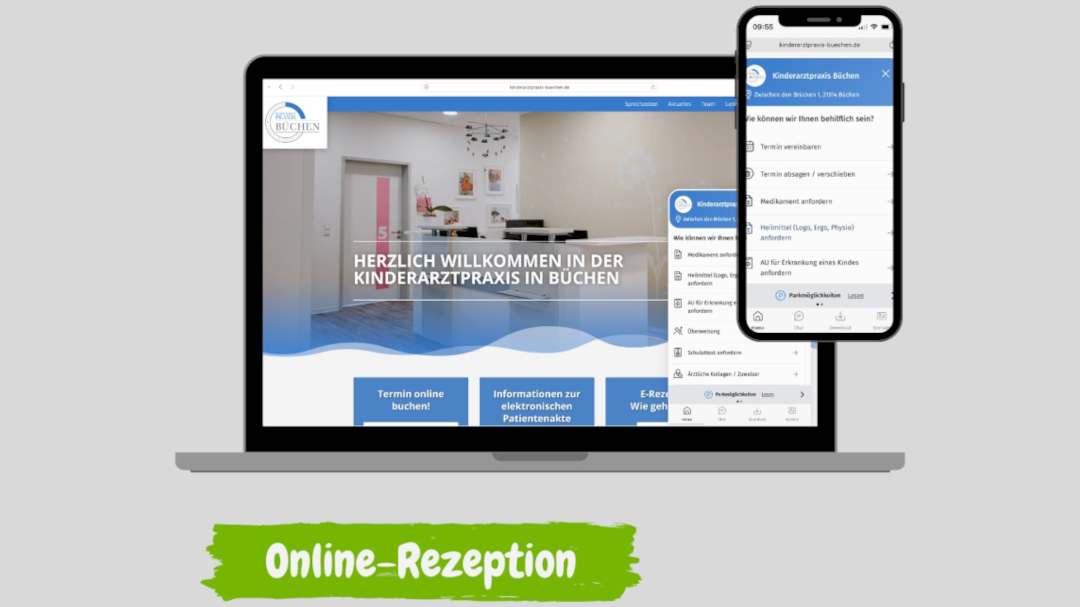 Online-Rezeption Screenshot von der Website auf dem Desktop-PC und auf dem Smartphone.
